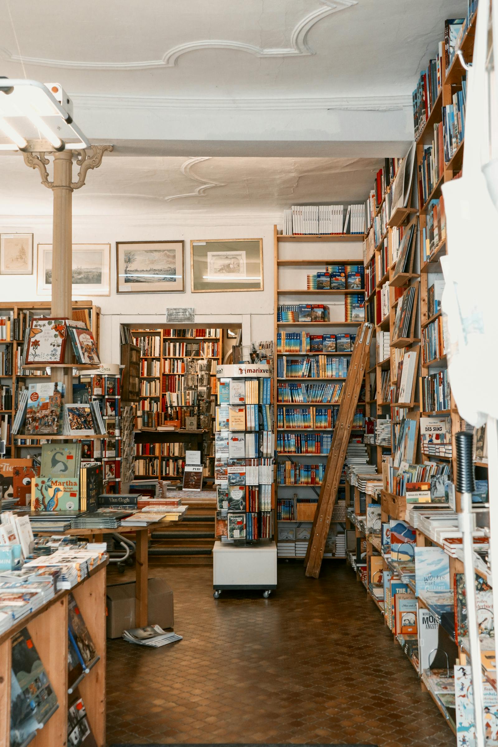 Warm bookshop interior with stacked books and a wooden ladder